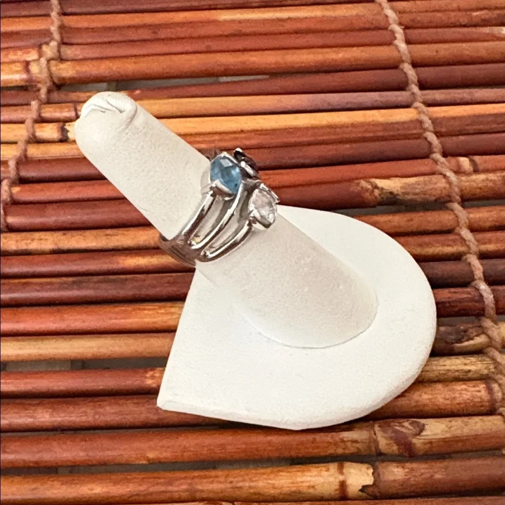 Lia Sophia Silver Ring with Aqua and Navy Stones Size 6